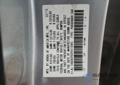 2015 Honda Accord Ex-L from USA, damaged, VIN 1HGCR2F82FA115960